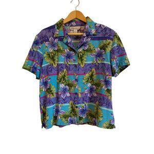 Dressbarn vintage silk tropical shirt button up collared shoulder pads Size XL